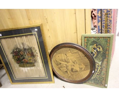 Unusual 3D Portrait Print, Coloured Pears Soap Print together with two Woolwork Pictures - Guy Fawkes and a Salamander with F