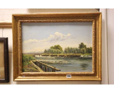K S Webb, Oil on Canvas of Rural Weir Scene
