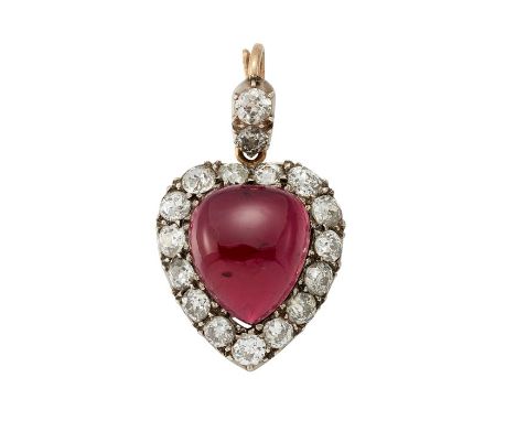A GARNET AND DIAMOND PENDANTThe cabochon garnet, within a heart-shaped surround of old brilliant-cut diamonds, to a similarly