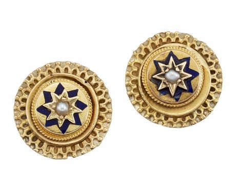 A PAIR OF HALF PEARL AND ENAMEL EARRINGSEach disc featuring an eight-rayed star, centred by a half-pearl, with blue enamel hi