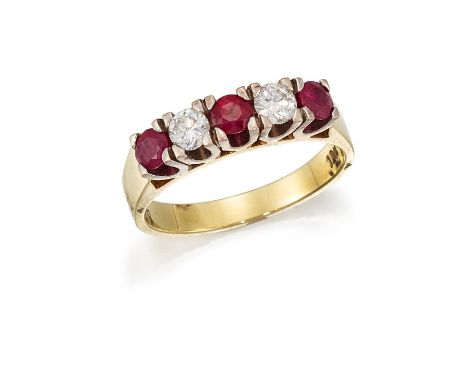 A RUBY AND DIAMOND FIVE-STONE RINGAlternately set with circular-cut rubies and brilliant-cut diamonds, to a polished hoop, di