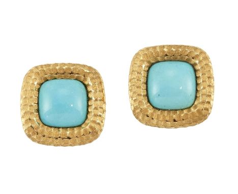 A PAIR OF TURQUOISE-SET EARRINGSEach square-shaped cabochon turquoise, within a textured surround, post and clip fittings, st