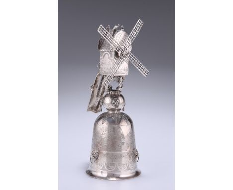 A DUTCH SILVER WINDMILL WAGER CUPLate 19th CenturyThe bell-form cup engraved with a king and figures in boats, three lion-mas