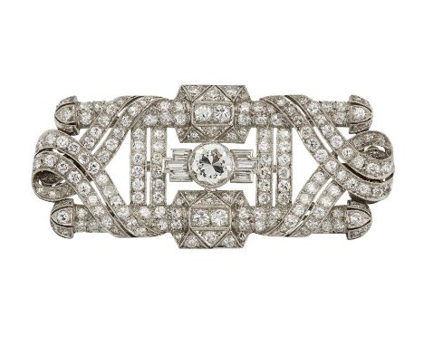 A MID 20TH CENTURY DIAMOND-SET BROOCHOf geometric openwork design, centred by an old brilliant-cut diamond, flanked by trios 
