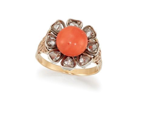 A CORAL AND DIAMOND CLUSTER RINGThe cabochon coral corallium rubrum, within a petaled surround of rose-cut diamonds, between 