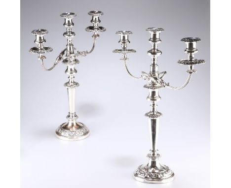 A LARGE PAIR OF 19TH CENTURY SILVER-PLATED (ON COPPER) CANDELABRAEach with two-branch three-light superstructure, cast with l