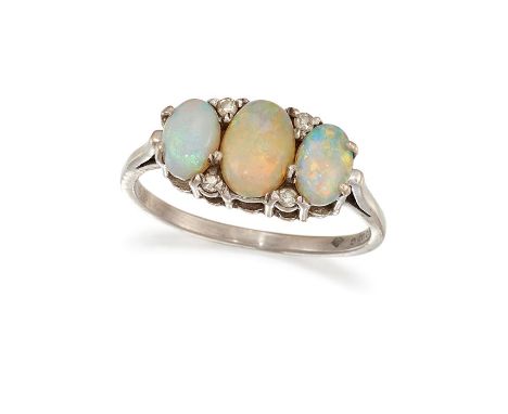 AN OPAL AND DIAMOND RINGSet with three graduated cabochon opals, with single-cut diamond accents, to an 18 carat white gold m