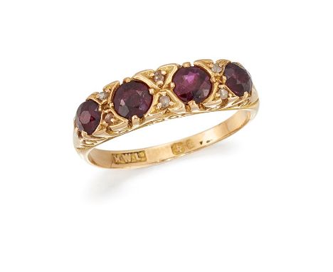 A RUBY AND DIAMOND FOUR-STONE RINGSet with circular-cut rubies, with rose-cut diamond accents, to a scrolling 18 carat gold m