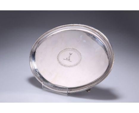 A GEORGE III SILVER SALVERGeorge Smith & Thomas Hayter, London 1800Oval with reeded border, engraved to the centre with a cre