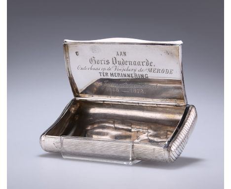 A DUTCH SILVER CIGAR CASE1840Reeded rectangular form, shaped for the pocket, the underside of the cover engraved with present