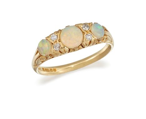 AN OPAL AND DIAMOND THREE-STONE RINGSet with three cabochon opals, with brilliant-cut diamond highlights, to a scrolling gall