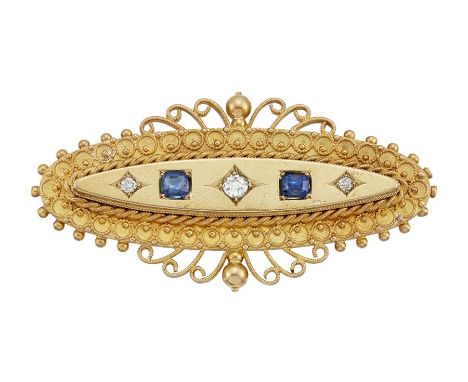 A LATE 19TH CENTURY SAPPHIRE AND DIAMOND-SET BROOCHOf elliptical outline, alternately set with old brilliant-cut diamonds and