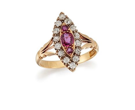 A LATE 19TH CENTURY RUBY AND DIAMOND CLUSTER RINGThe navette-shaped cluster, centred by three cushion and circular-cut rubies