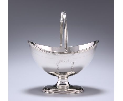 A GEORGE III SILVER SWING-HANDLED SUGAR BASKETby Henry Chawner, London 1792Navette-shaped, bright-cut engraved with dotted li