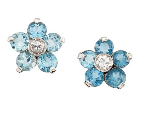 A PAIR OF AQUAMARINE AND DIAMOND CLUSTER EARRINGSEach floraform cluster, centred by a collet-set brilliant-cut diamond, withi