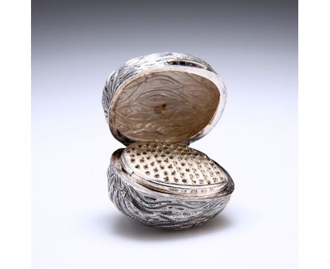 A RARE VICTORIAN NOVELTY SILVER NUTMEG GRATERby Hilliard & Thomason, Birmingham 1871In the form of a nut or fruit, textured a