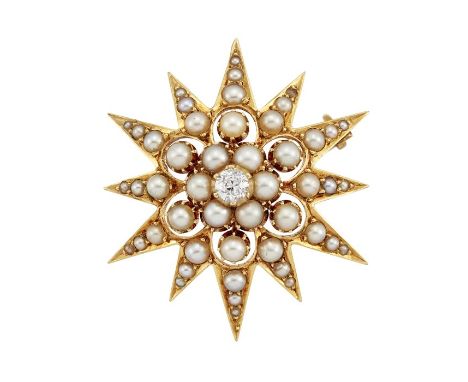 A HALF PEARL AND DIAMOND STAR BROOCH, CIRCA 1890Centred by an old brilliant-cut diamond, within a cluster of half pearls, to 