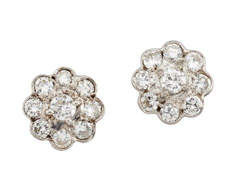 A PAIR OF DIAMOND CLUSTER EARRINGSEach centred by a brilliant-cut diamond, within a scalloped edge surround of similarly-cut 