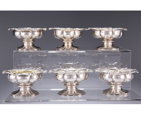 A SET OF SIX EARLY VICTORIAN SILVER SALTSby Joseph and John Angell, London 1837Lobed urnular form, chased with flowerheads an