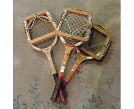 Three wooden framed tennis racquets circa 1960's, to include: Dunlop, Victory and Maxply, each in protective frames.