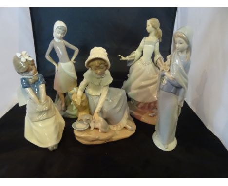 A collection of five figurines, to include: three Lladro and two Nao examples.