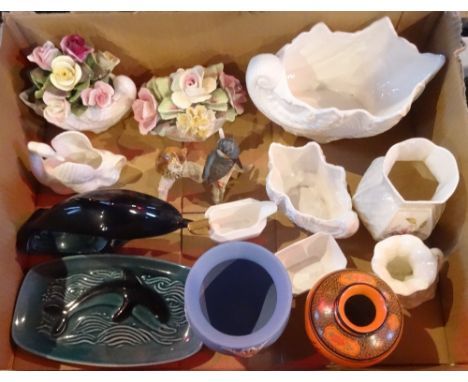 A box containing a quantity of ceramics, to include: a Poole pottery dolphin, Wedgwood Jasperware vase, two Goebel bird figur