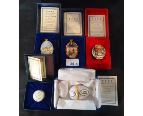 A collection of five Halcyon Days enamel boxes, to include: the 1991 Easter Egg, 1993 Christmas Medallion, 1994 Christmas Med
