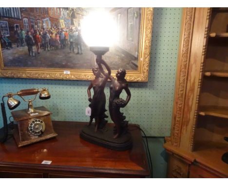 A decorative table lamp, the single opaque glass shade supported by a pair of Art Nouveau-style ladies, one holding a basket 