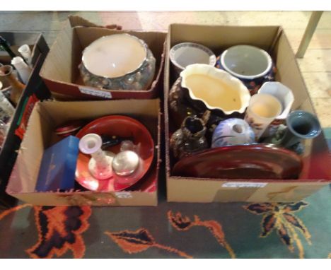 Three boxes containing a quantity of decorative ceramics, to include: Royal Worcester, together with two large jardinieres an