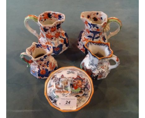 A 19th century Ashworth Brothers covered bowl, decorated in the Chinese manner, together with four ironstone china Hydra jugs