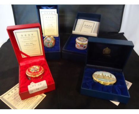 Four Halcyon Days enamel boxes to include: the 2002 Easter Egg, the E.E.C box, issued 1992, a limited edition box commemorati