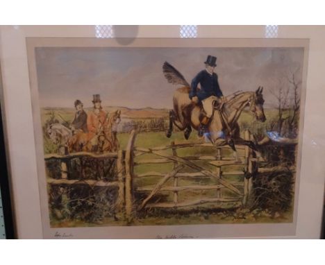 John Leach, 'The Nobel Science', a print of a huntsman jumping a gate, signature to bottom left corner (51cm x 66cm), togethe