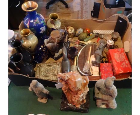 An interesting collection, to include: cloisonne vases, a jadeite seal, an Indian box with inlaid decoration, a Japanese horn