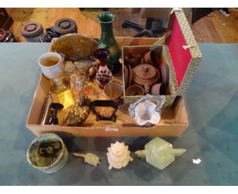 A mixed lot to include: a jadeite censer, a boxed Chinese terracotta tea set, a cloisonne and enamel pill box, a Hohner mouth