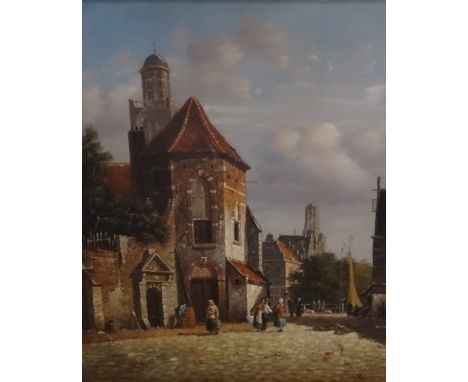 K. Adams, a Continental market scene, oil on board (59cm x 49cm) in a gilt frame.