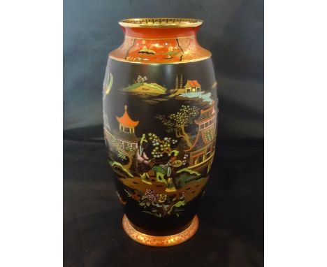 A Wiltshaw & Robinson Carlton Ware ovoid vase with inverted rim, decorated in the 'New Mikado' pattern on a black ground, pri