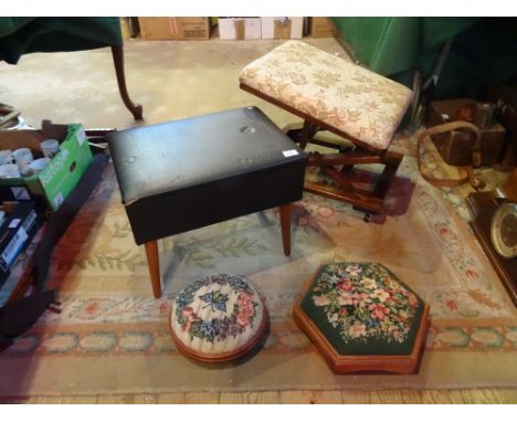 A hardwood height adjustable footstool, having upholstered top, together with a 1970's ercol-style sewing box and two embroid
