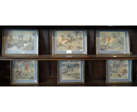 A collection of six lithographs, each of hunting scenes, various sizes, framed in gilt frames.