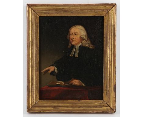 English School, c. 1800, portrait of John Wesley, oil on panel, framed, annotated to reverse of frame, 27 x 20.5cm. Catalogue