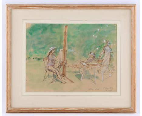 John Stanton Ward (1917-2007). Artist and Models in a Garden. Watercolour and graphite. 4 June 1994. Signed and dated lower r