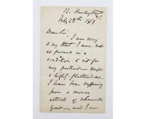 Wilkie Collins (1824-1889). Autographed letter, 12 Harley Street, February 28th 1863.  Addressed to Dear Sir and regrets that