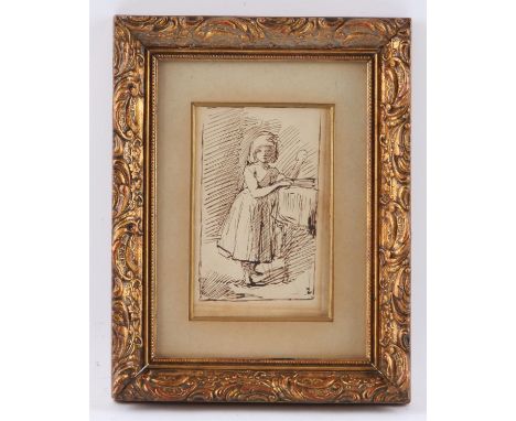 Attributed to George Richmond. Portrait sketch of a little girl standing by a piano.  Pen and ink on paper. Extensive notatio