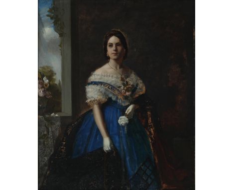 19th century English School. Portrait of a Noblewoman Holding a White Rose in an Interior.  Oil on canvas, relined. Unsigned.