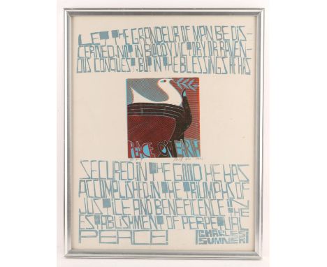 Paul Peter Piech (1920-1996).  Peace on Earth. Ltd edition linocut print with Charles Sumner quotation. 1980. Numbered 4 of 3