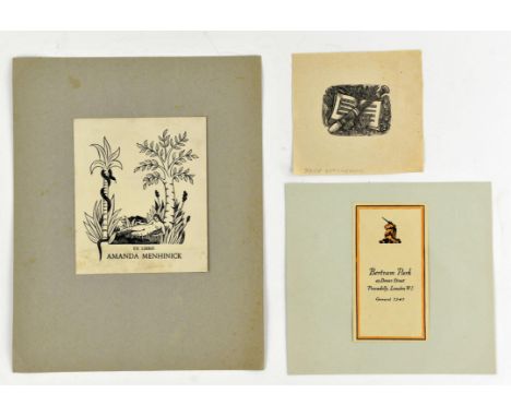 Small collection of English bookplates and prints. John Hassall (1868-1948) Medieval Youth writing at a desk, ex libris C.V. 