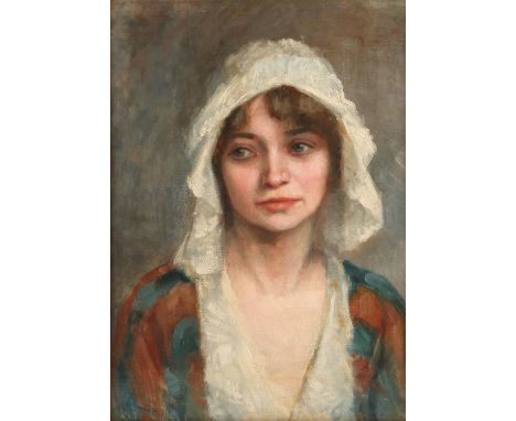 AMENDED ESTIMATE - 19th Century School. Portrait of a Pensive Woman wearing a Mobcap. Oil on canvas, laid to board.  Unsigned