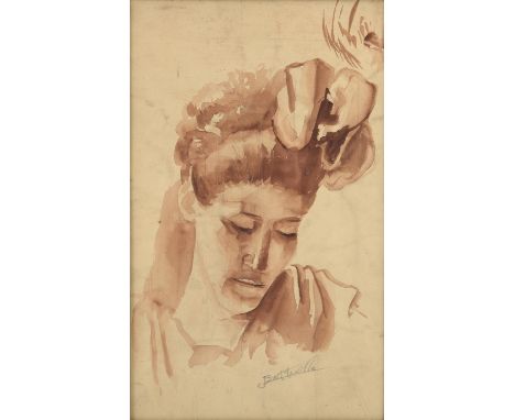 Batteville (19th Century Continental).  Portrait of a Lady, head and shoulders. Watercolour, signed lower right.  Label verso