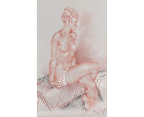 Franco Matania (1922-2006). Portrait of a Nude Woman, seated on a bed. Pastel on paper, signed lower right. 41 x 24.5cm. Cata