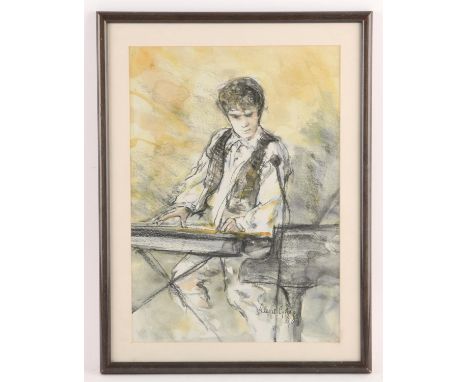 Valerie Ganz (1936-2015).  Portrait of a Man Playing a Keyboard. Charcoal and watercolour. Signed lower right.  38 x 27cm. Ca