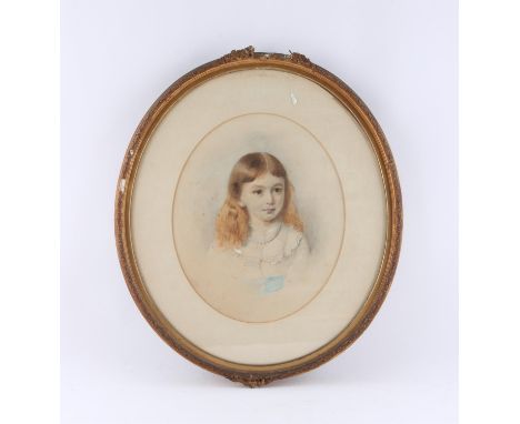 19th Century English School. Portrait of a Little Girl with a Pearl Necklace, head and shoulders in an oval.  Watercolour, no